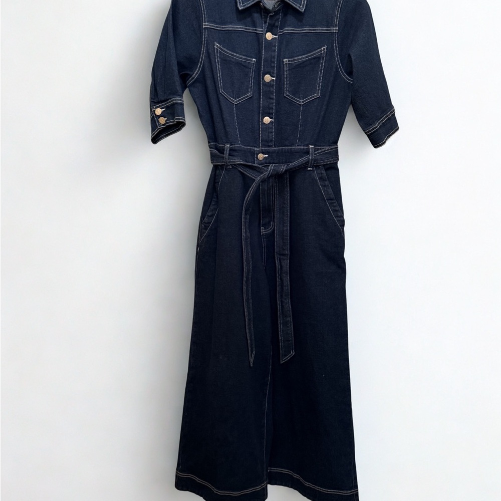 MINKPINK Blue Denim Short Sleeve Jumpsuit - Flared Legs - Pockets - Tie Belt